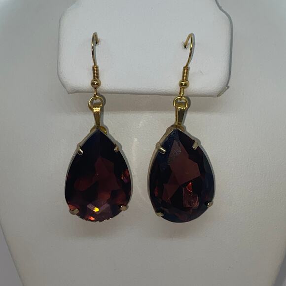 Gold-Tone Clear Ruby Rhinestone Dangle Earrings - Picture 1 of 7